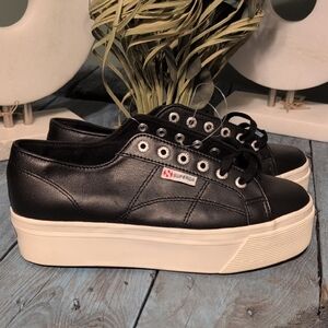 New Superga Black and White Platform Sneakers Leather Stylish 41